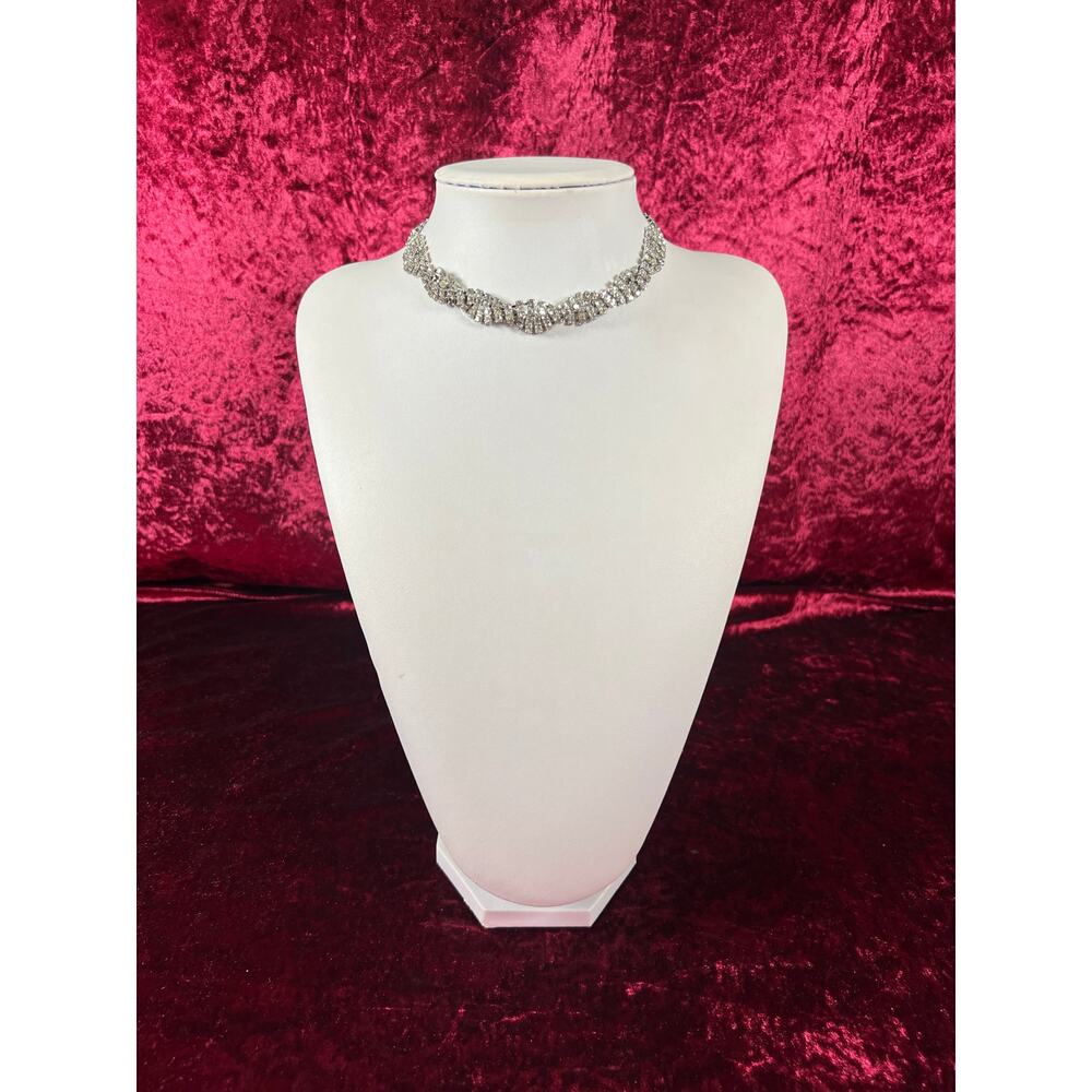 Vintage Jewelry Collar Necklace Silver Tone Metal Braided Rhinestones 17.5”